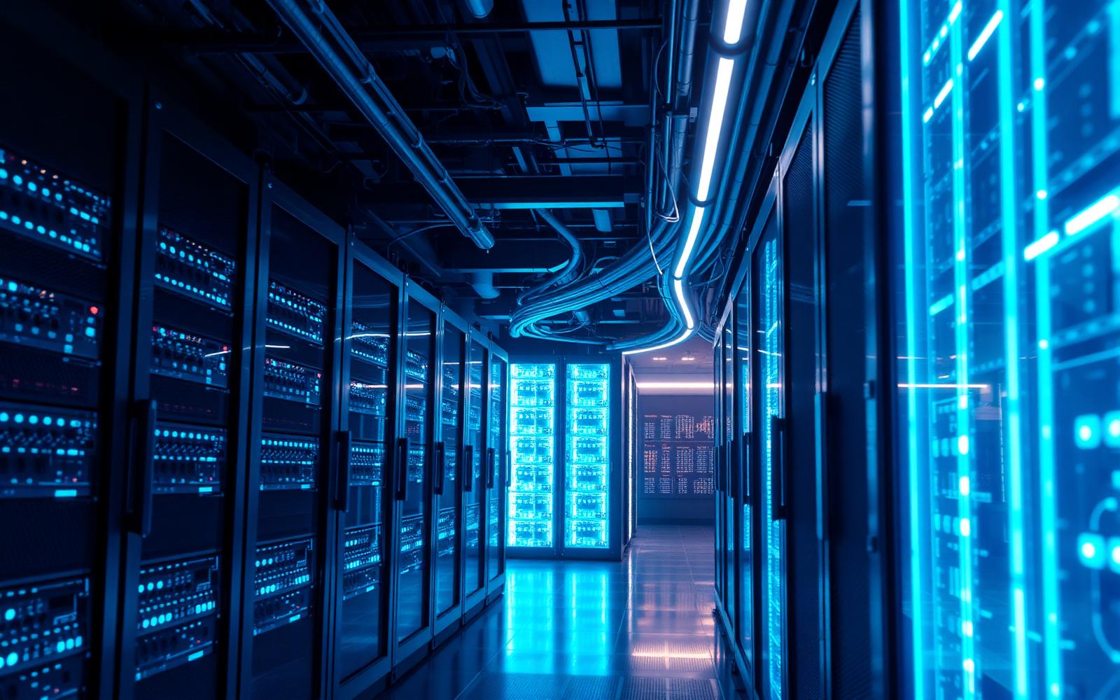Data centre infrastructure with illuminated server racks