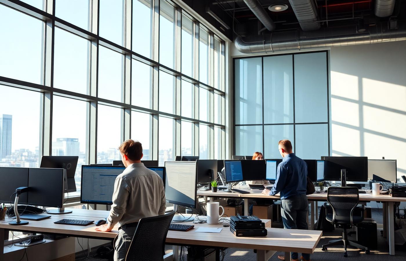 Daylit modern enterprise workspace with engineers at standing desks overlooking the city